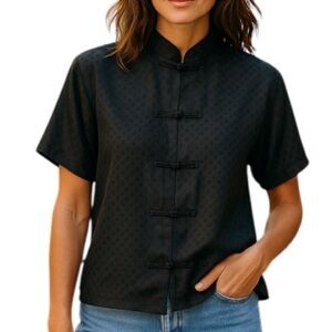 MANDERIN Style Silk Pattern Blouse Black Short Sleeve Toggle Knot Closure M